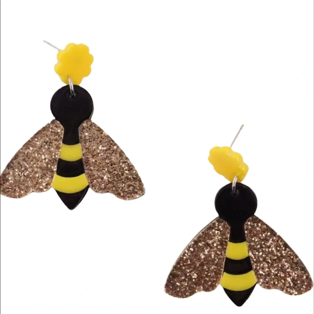 •Bumblebee Glitter Design Drop Earrings• - Picture 2 of 4